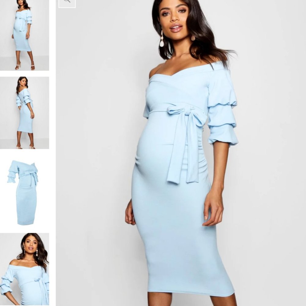 Blue ruffle sleeve maternity dress
